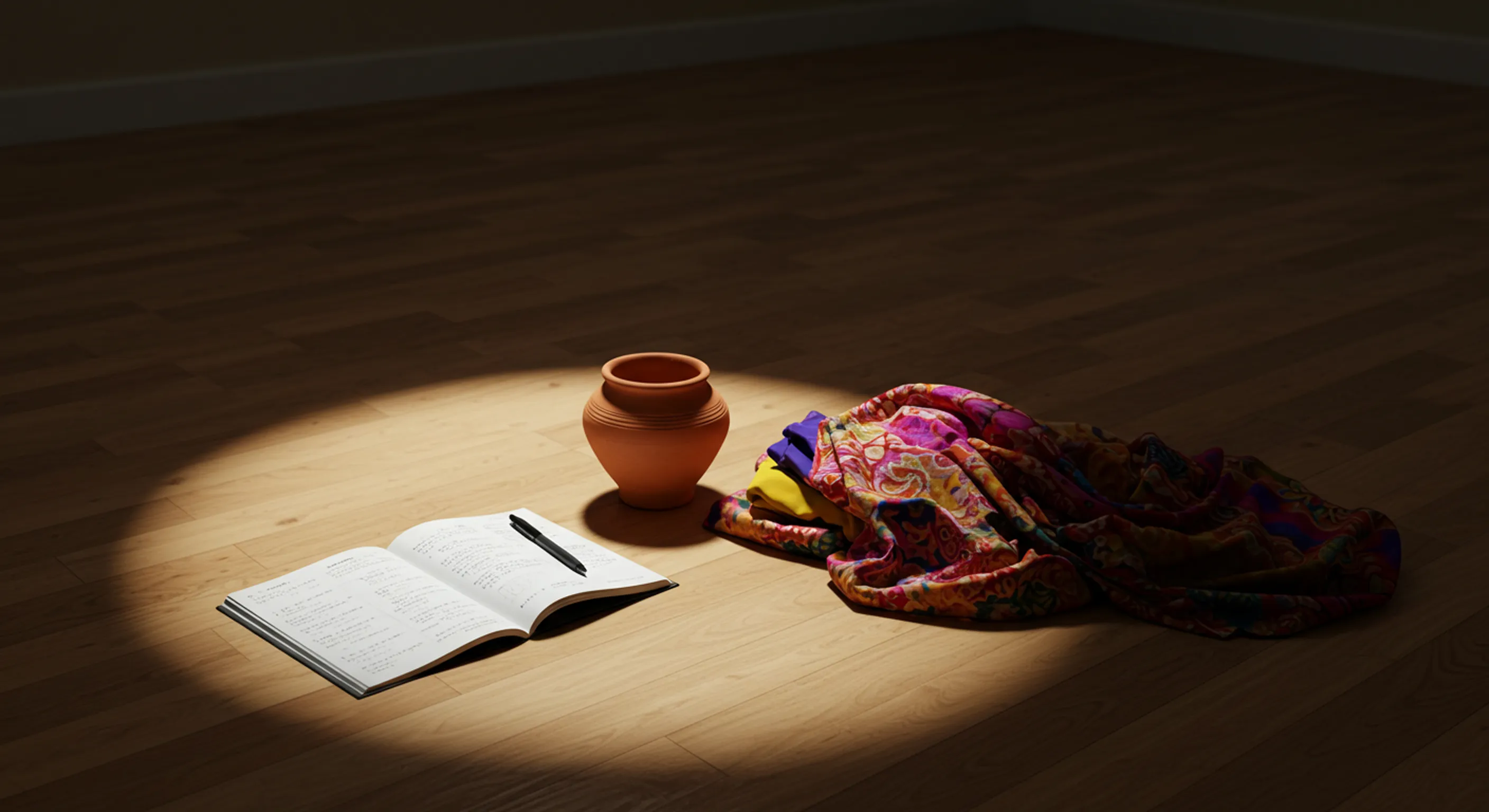 An open notebook and pen, a clay pot and bright folded fabric in a pool of light on a dark studio floor