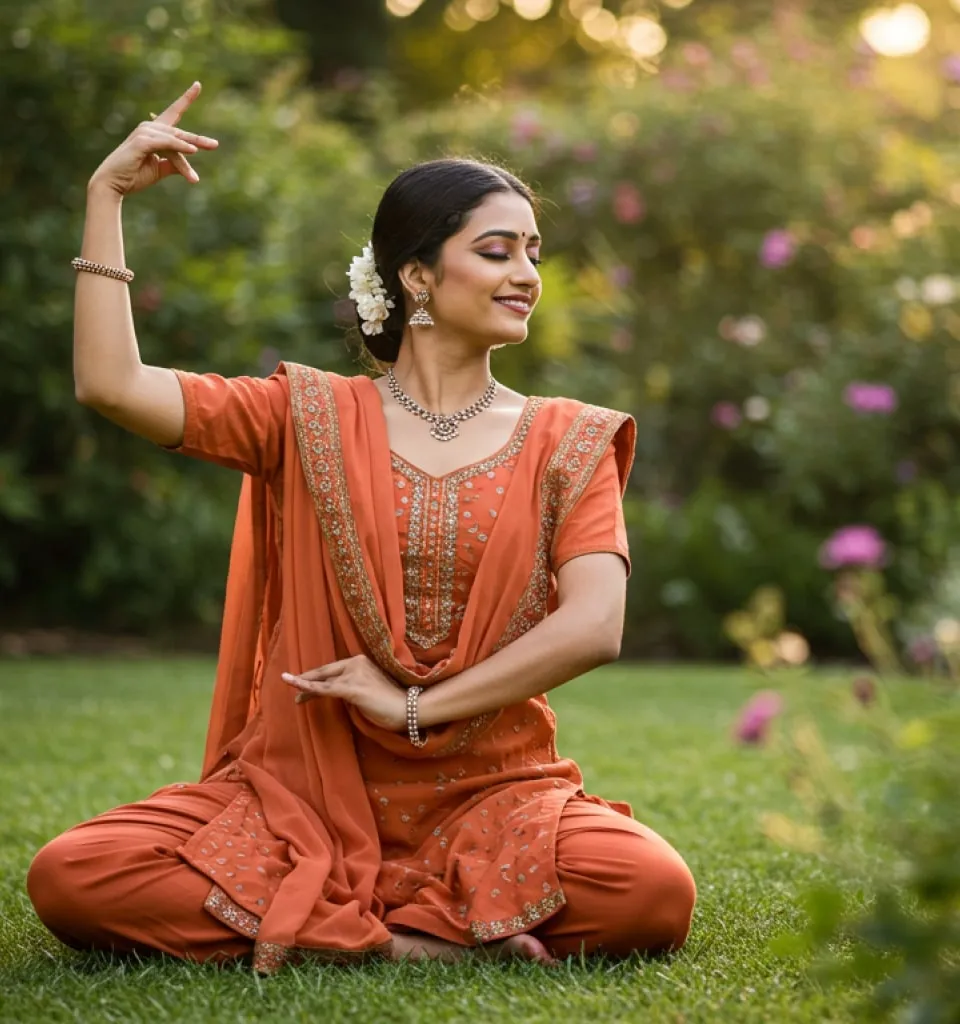 A woman in an orange kurta seated in a garden, eyes closed, one hand raised