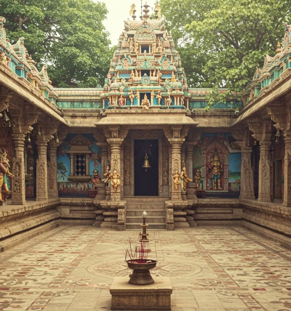 A South Indian temple courtyard with a carved, painted tower and a brass lamp