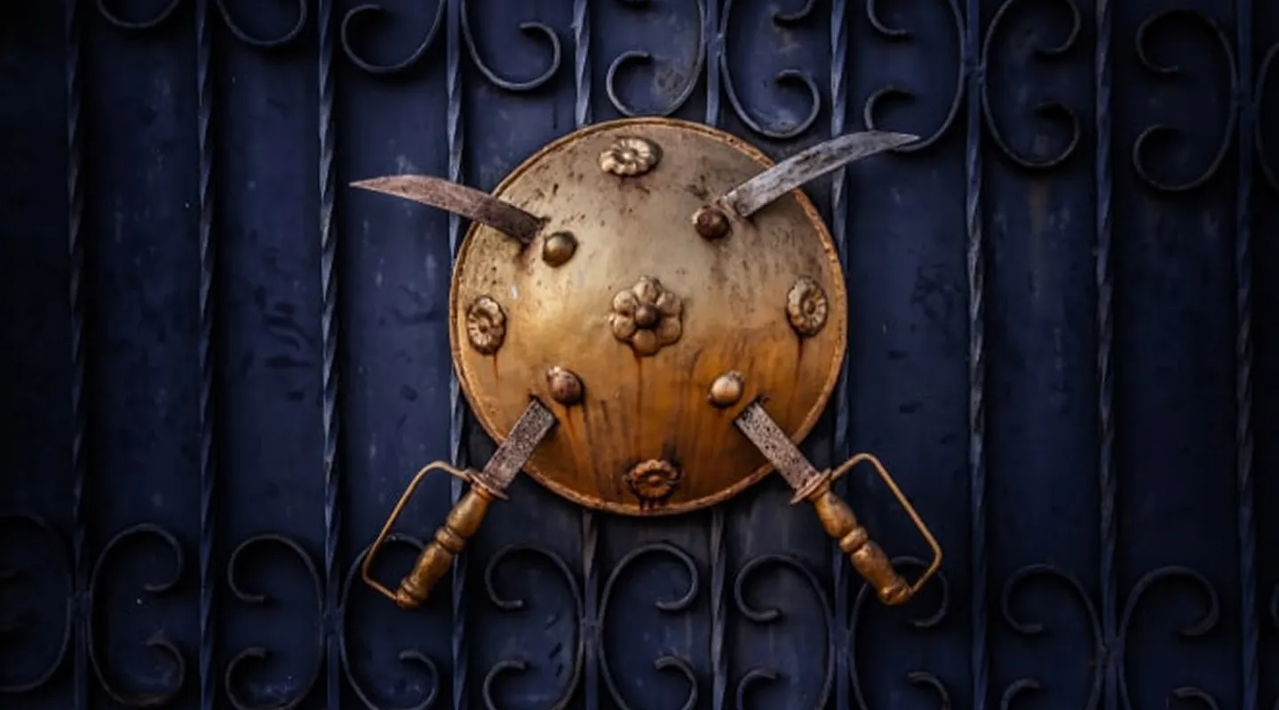 A brass shield with two crossed swords