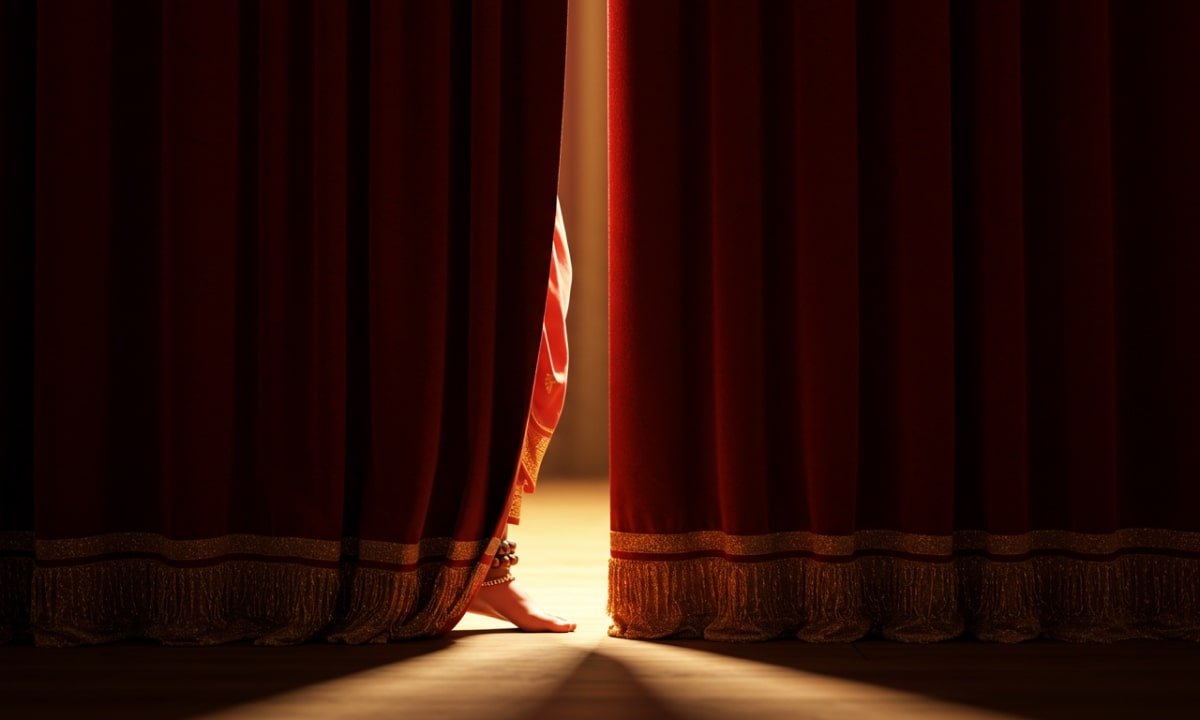 A dancer's feet with trinkets seen between red velvet curtains.